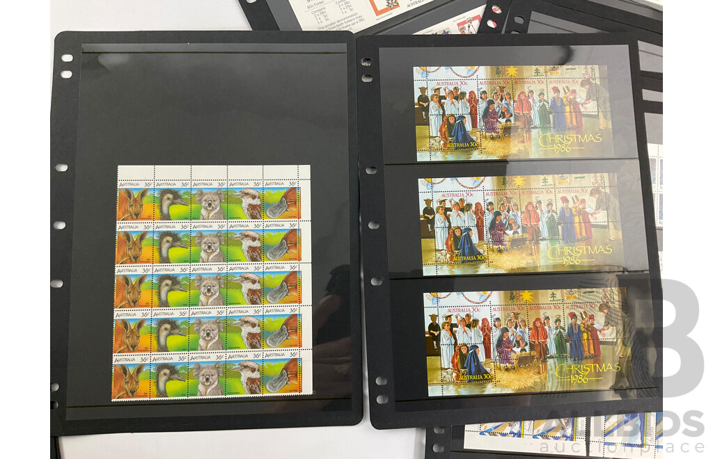 Collection of Australian 1980's Mint Stamp Blocks and Sheets Including Sets, Bicentennial, Click Go the Shears, Christmas 1986 and More