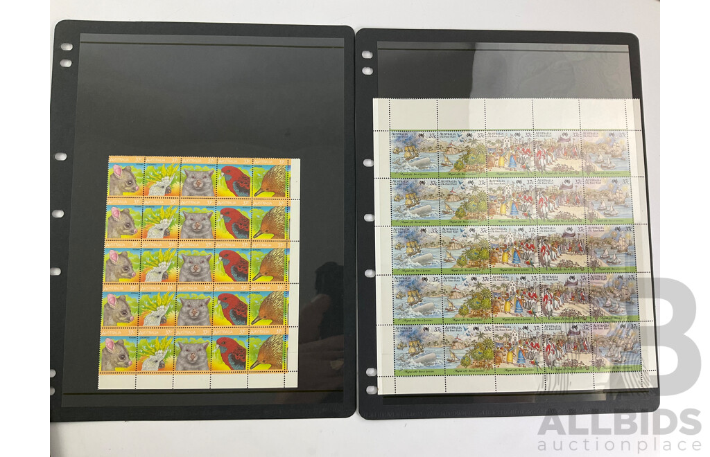 Collection of Australian 1980's Mint Stamp Blocks and Sheets Including Sets, Bicentennial, Click Go the Shears, Christmas 1986 and More