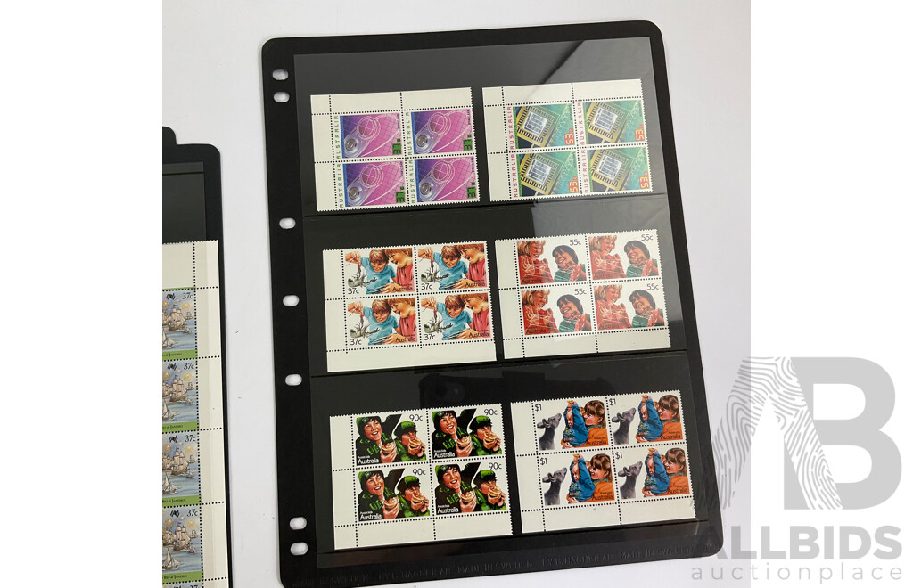 Collection of Australian 1980's Mint Stamp Blocks and Sheets Including Sets, Bicentennial, Click Go the Shears, Christmas 1986 and More
