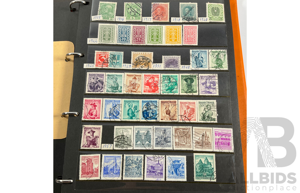 Album of Antique/Vintage International Stamps Including Albania, Austria, Belgium, Bulgaria, Czechoslovakia, Denmark, France, West Germany