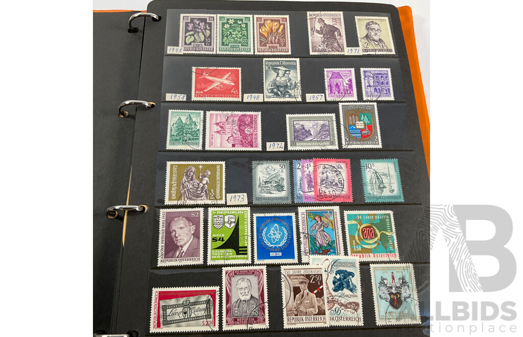 Album of Antique/Vintage International Stamps Including Albania, Austria, Belgium, Bulgaria, Czechoslovakia, Denmark, France, West Germany