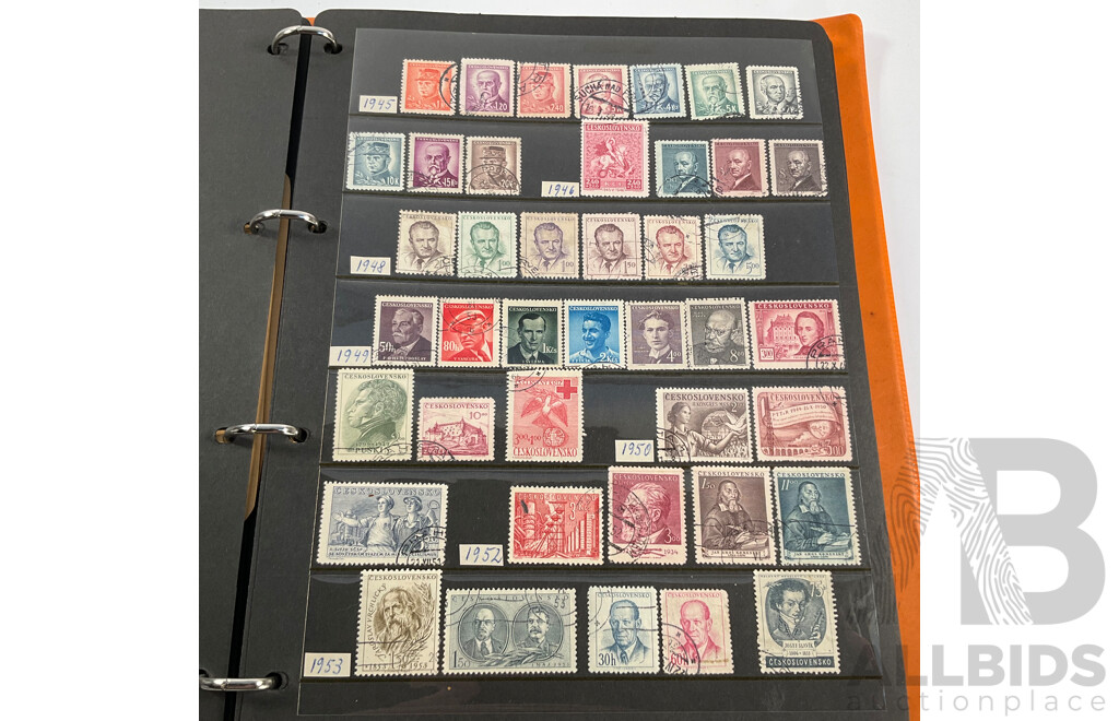 Album of Antique/Vintage International Stamps Including Albania, Austria, Belgium, Bulgaria, Czechoslovakia, Denmark, France, West Germany