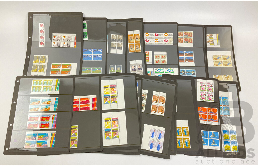 Australian Mint Stamp Blocks and Strips Spanning 1975 to 1978 Including Sets, Block of Four Ten Dollar Australian Paintings Tom Roberts