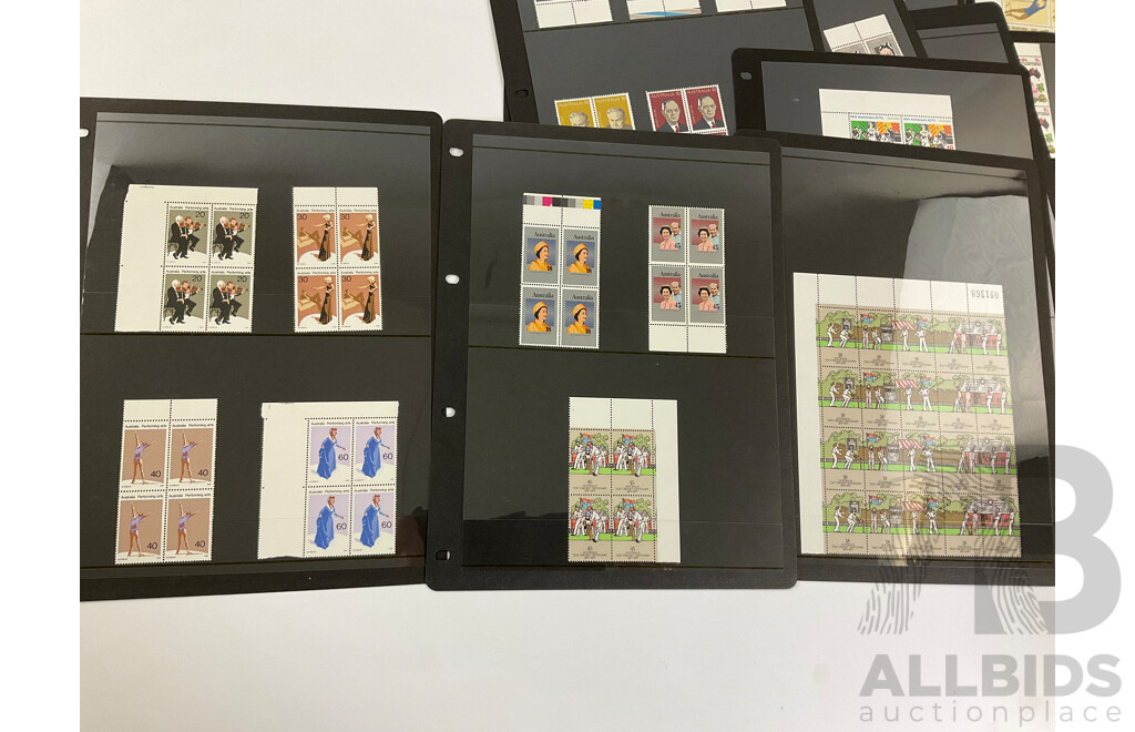 Australian Mint Stamp Blocks and Strips Spanning 1975 to 1978 Including Sets, Block of Four Ten Dollar Australian Paintings Tom Roberts