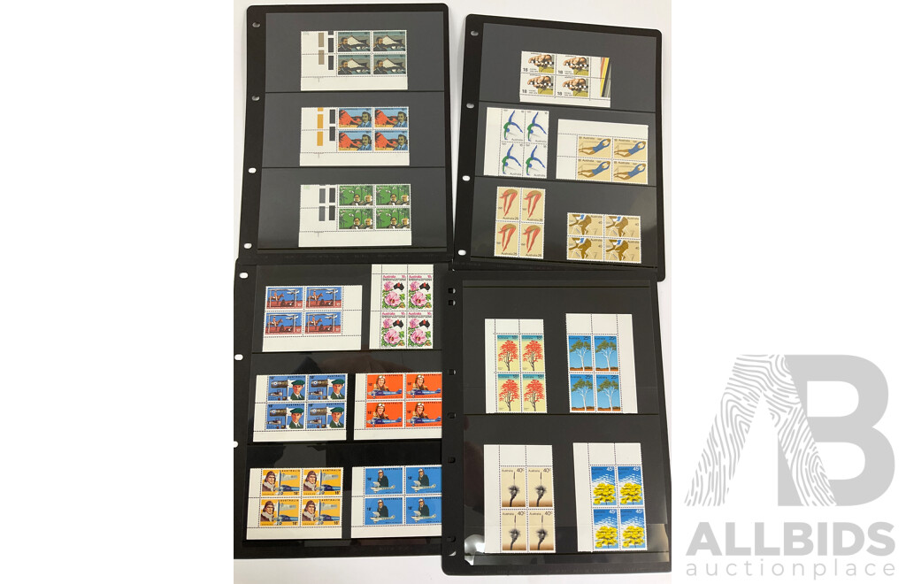 Australian Mint Stamp Blocks and Strips Spanning 1975 to 1978 Including Sets, Block of Four Ten Dollar Australian Paintings Tom Roberts