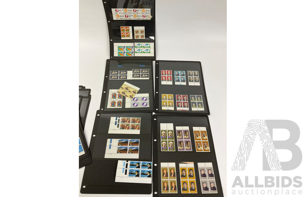Australian Mint Stamp Blocks and Strips Spanning 1975 to 1978 Including Sets, Block of Four Ten Dollar Australian Paintings Tom Roberts