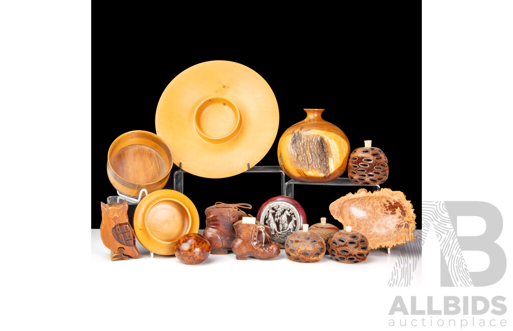 Nice Collection Australian Hand Turned Treen Including Huon Pine Appetizer Dish by Jose Lehete, Huon Pine Dish, Purple Gidgee Dish by Neal Kirkham with Pewter Top and More