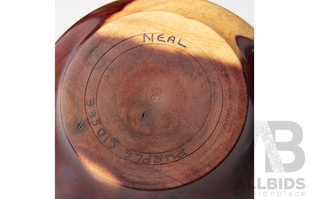 Nice Collection Australian Hand Turned Treen Including Huon Pine Appetizer Dish by Jose Lehete, Huon Pine Dish, Purple Gidgee Dish by Neal Kirkham with Pewter Top and More