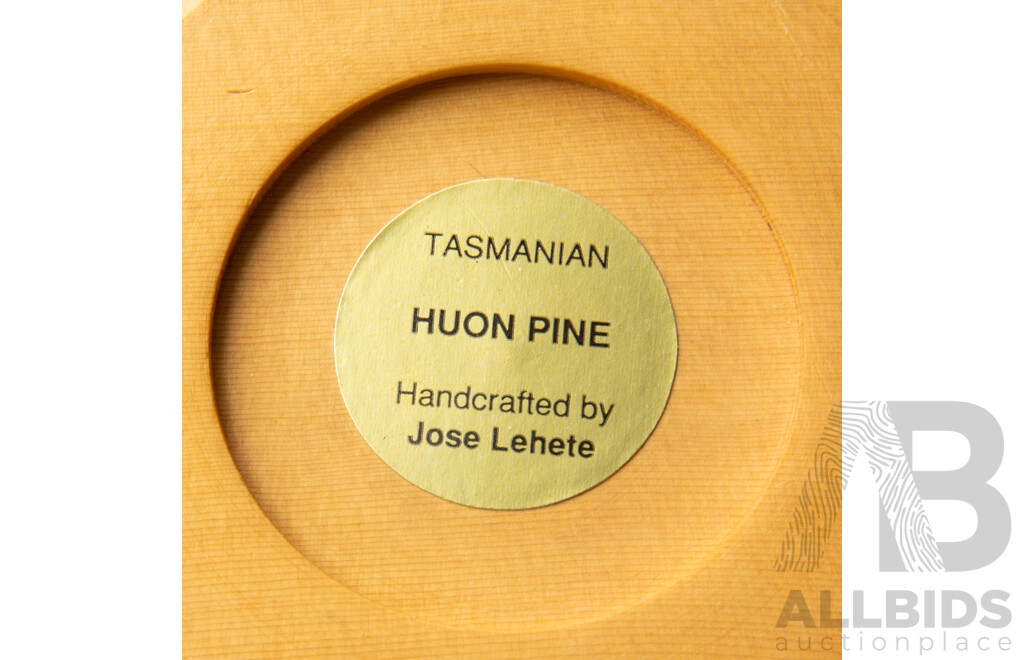 Nice Collection Australian Hand Turned Treen Including Huon Pine Appetizer Dish by Jose Lehete, Huon Pine Dish, Purple Gidgee Dish by Neal Kirkham with Pewter Top and More
