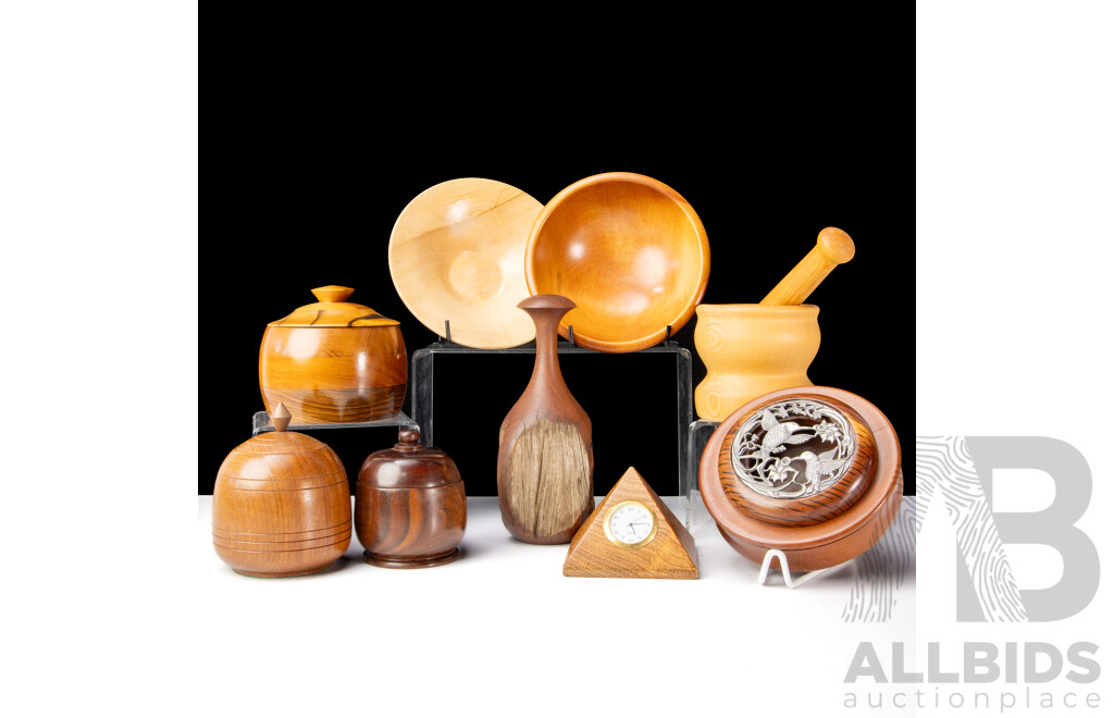 Nice Collection Australian Hand Turned Treen Including Huon Pine Mortar & Pestle, Bloodwood & She Oak Dish by Neal Kirkham with Pewter Top and More