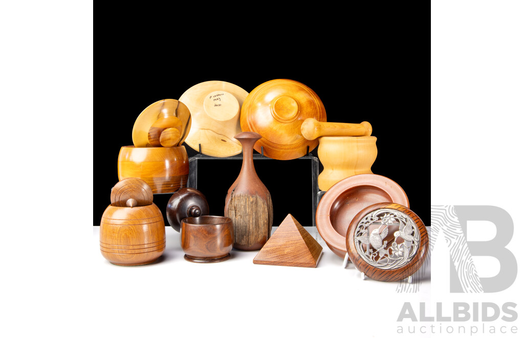 Nice Collection Australian Hand Turned Treen Including Huon Pine Mortar & Pestle, Bloodwood & She Oak Dish by Neal Kirkham with Pewter Top and More