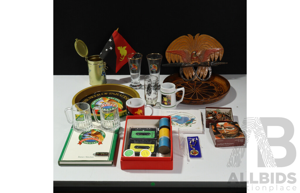Collection Items Relating to Papue New Gineau Including Beer Trays, Glkasses, Studio Pottery and More