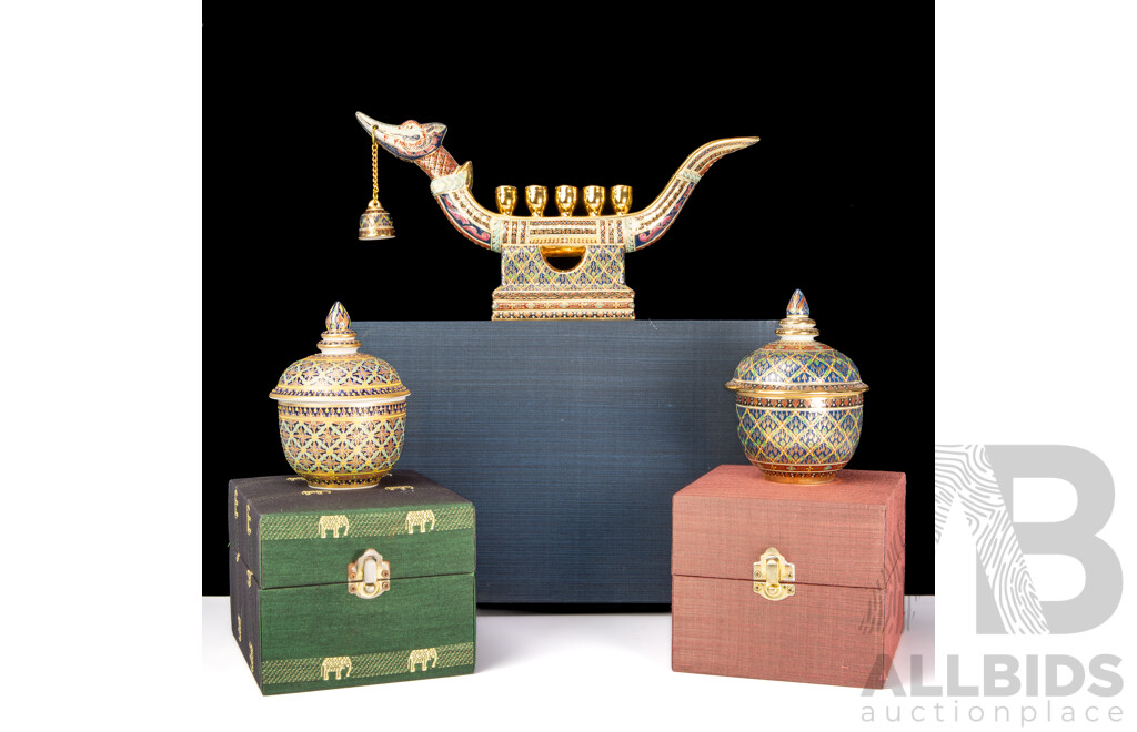 Collection Hand Painted Porcelain From Siam Comprising Dragon Boat Form Candle Holder & Two Lidded Container, All in Original Presentation Boxes