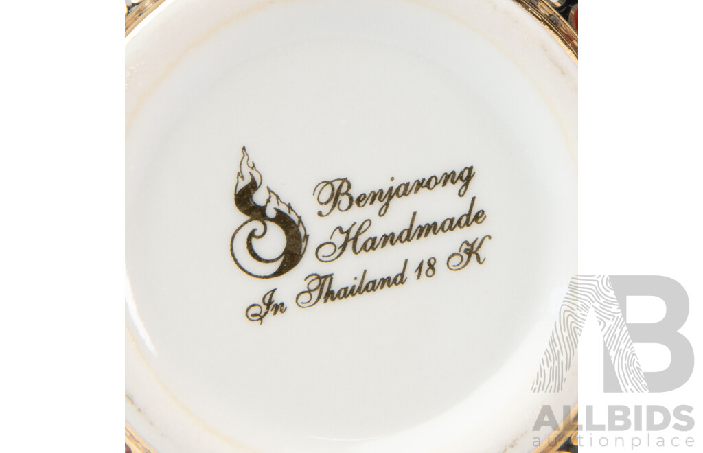 Collection Hand Painted Porcelain From Siam Comprising Dragon Boat Form Candle Holder & Two Lidded Container, All in Original Presentation Boxes