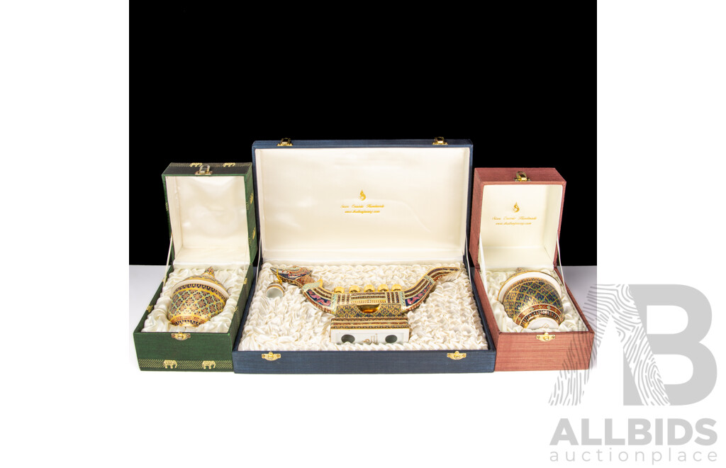 Collection Hand Painted Porcelain From Siam Comprising Dragon Boat Form Candle Holder & Two Lidded Container, All in Original Presentation Boxes