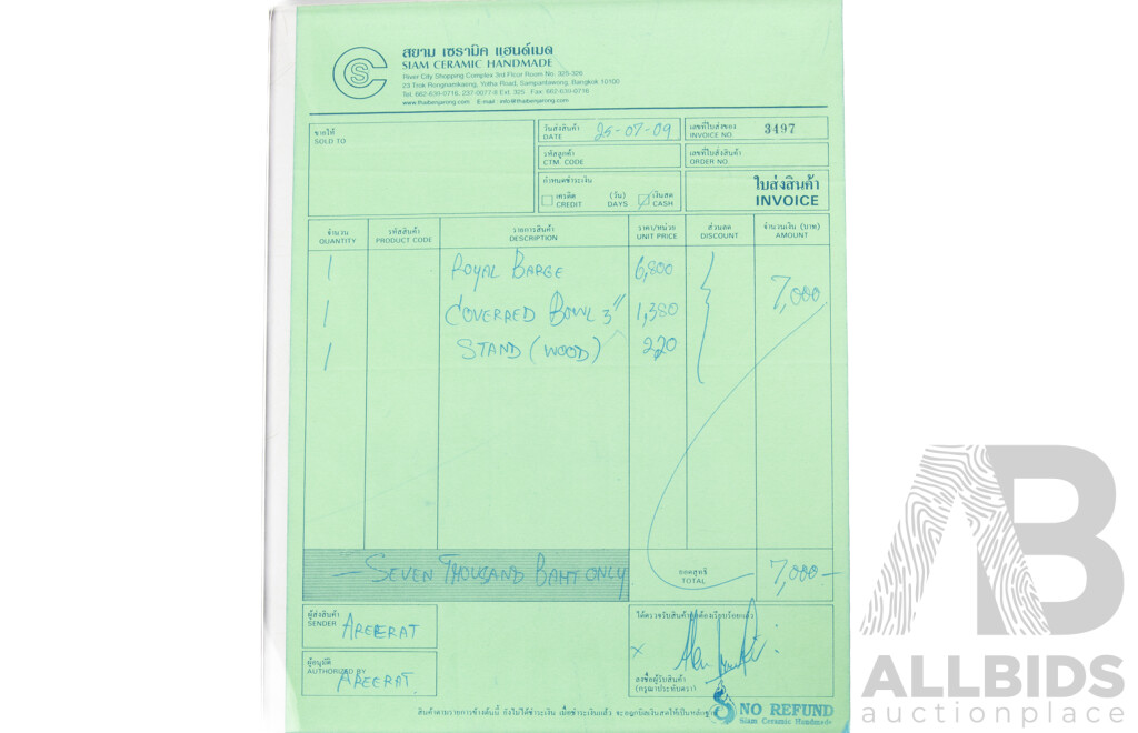 Collection Hand Painted Porcelain From Siam Comprising Dragon Boat Form Candle Holder & Two Lidded Container, All in Original Presentation Boxes