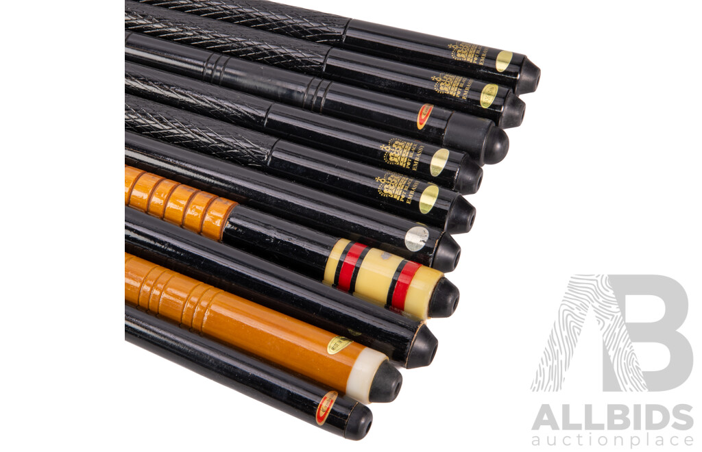 Collection of Ten Pool Cues in Assorted Sizes