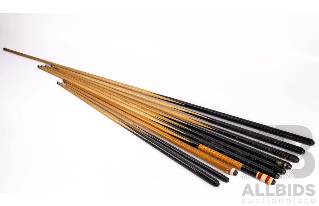 Collection of Ten Pool Cues in Assorted Sizes