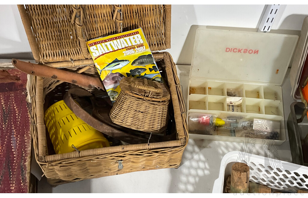 Collection of Vintage Fishing Tackle, Basket, Hessian Shoulder Bags, Cork Hand Reels