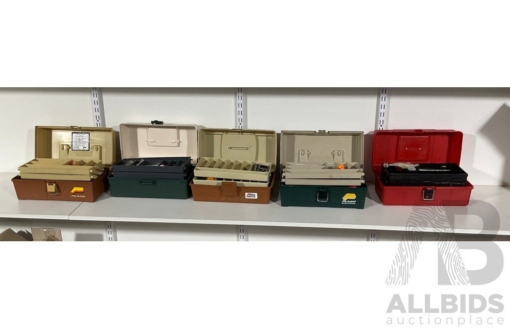 Five Fishing Tackle Boxes with Vintage Hooks, Floats, Sinkers, Line, Swivels, Lures