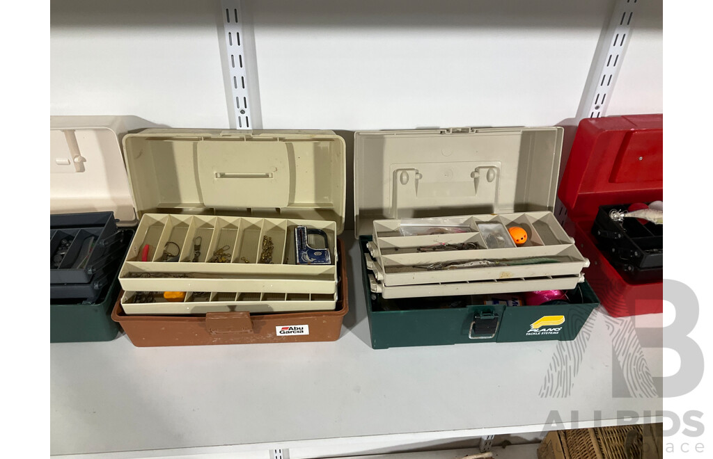 Five Fishing Tackle Boxes with Vintage Hooks, Floats, Sinkers, Line, Swivels, Lures