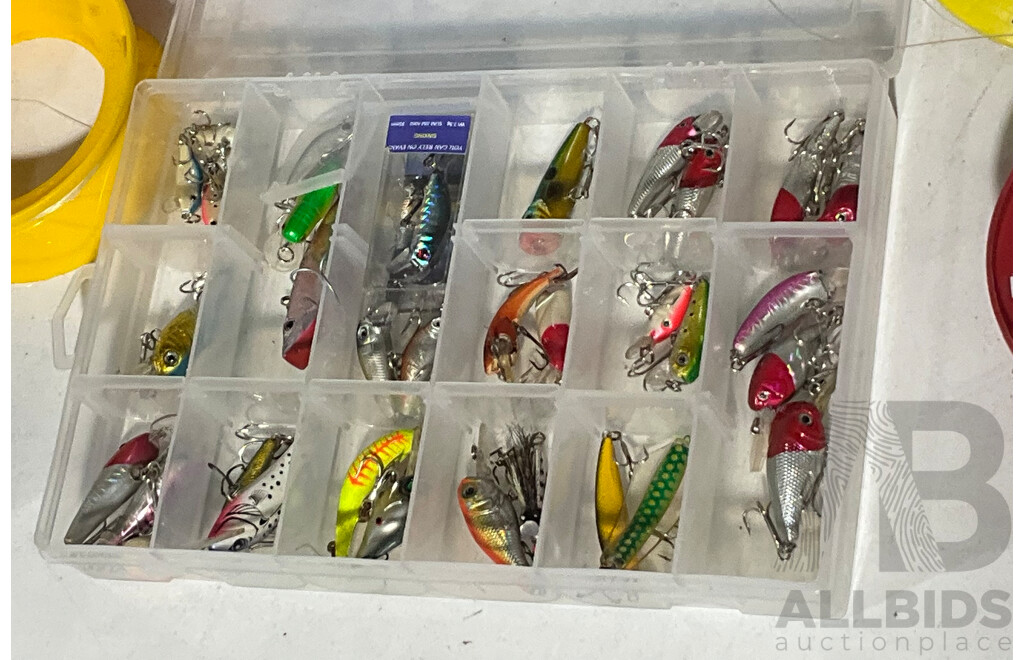 Five Fishing Tackle Boxes with Vintage Hooks, Floats, Sinkers, Lures and Sixteen Hand Reels