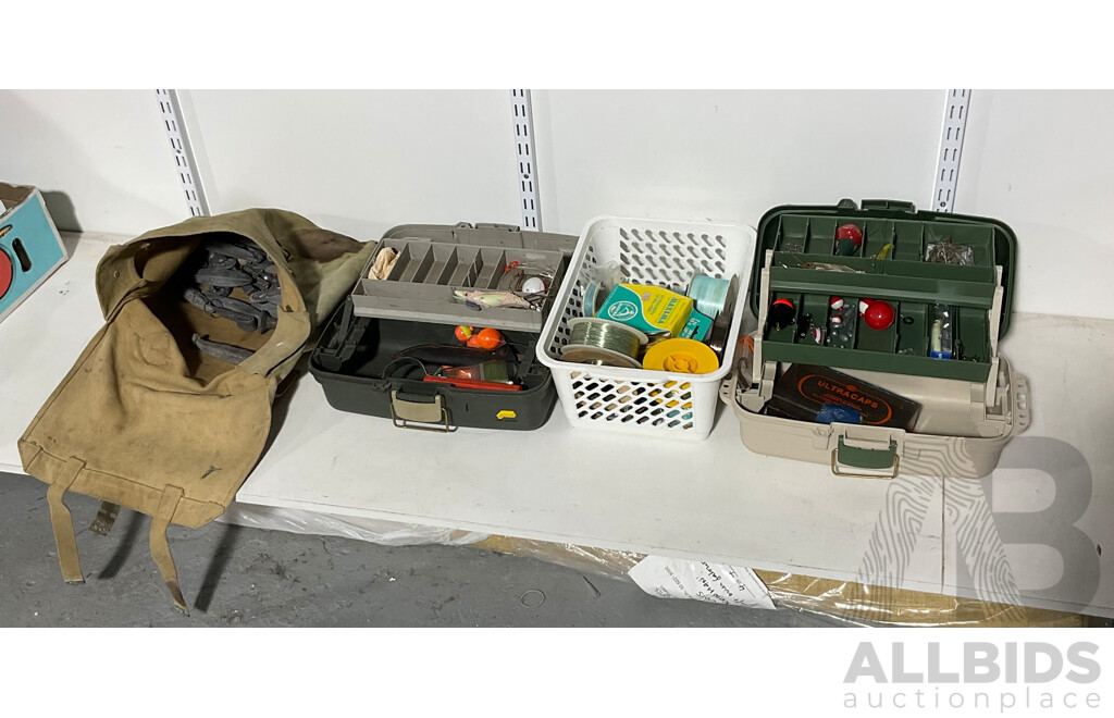 Two Fishing Tackle Boxes with Vintage Hooks, Floats, Sinkers, Lures with Reels of Line and Twelve Kilograms of Lead Sinkers
