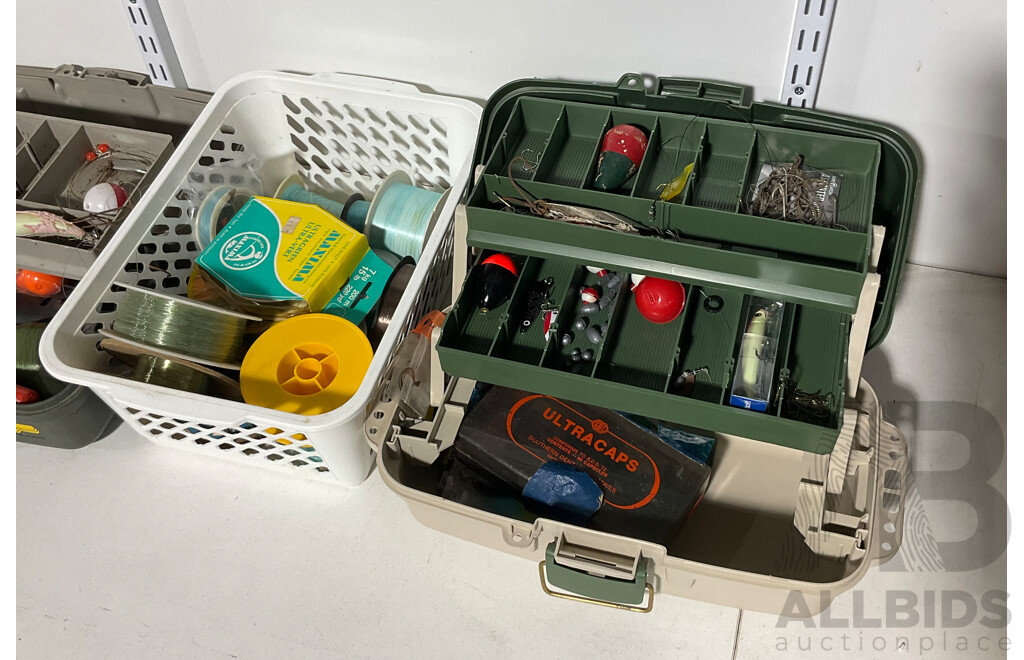 Two Fishing Tackle Boxes with Vintage Hooks, Floats, Sinkers, Lures with Reels of Line and Twelve Kilograms of Lead Sinkers