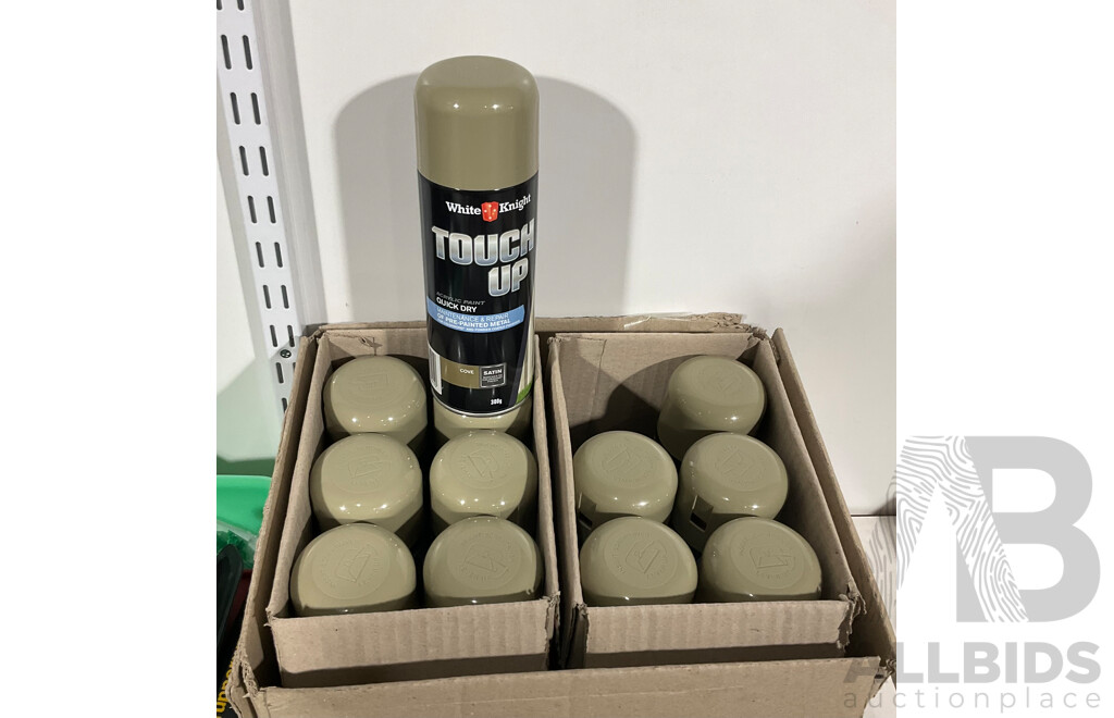 Collection of Vintage Tools Including Wrenches, Clamps, Vices, Hooks, Chains, Shackles, Eighteen Cans of White Knight Cove Spray Paint, Vintage Tupperware