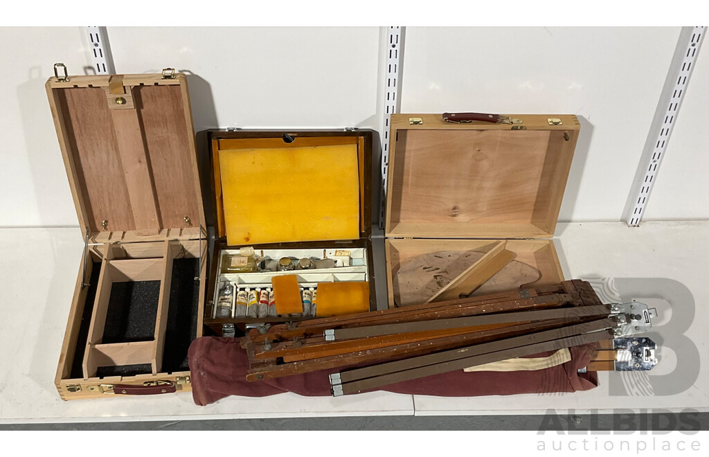 Three Timber Artists Boxes with Paints, Palette, Three Eazle Tripods