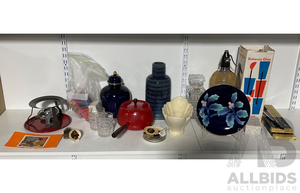 Vintage Fondue Set, G Syphon Bohemia Glass Seltzer Bottle with Original Box, Decanter and Glasses, Glazed Studio Vase, Display Plates Depicting Indigenous Australians, Asian Plate and Urn
