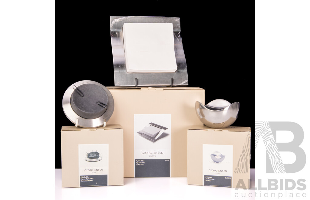 Three Danish Georg Jensen Pieces in Original Packaging Comprising Wave Paper Holder, Paperclip Holder and Bloom Candle Holder
