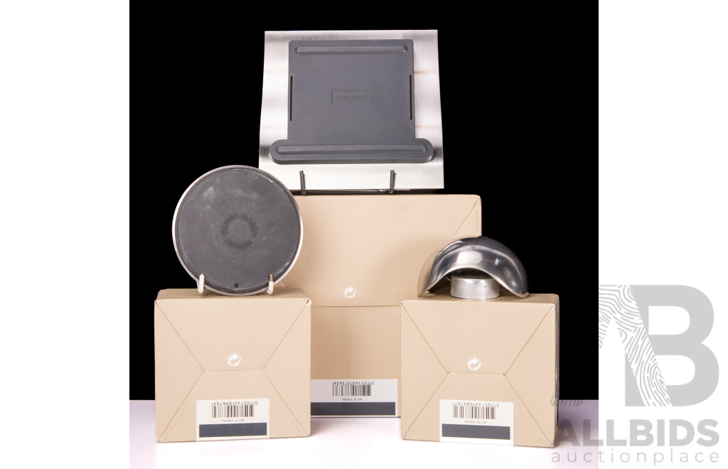 Three Danish Georg Jensen Pieces in Original Packaging Comprising Wave Paper Holder, Paperclip Holder and Bloom Candle Holder