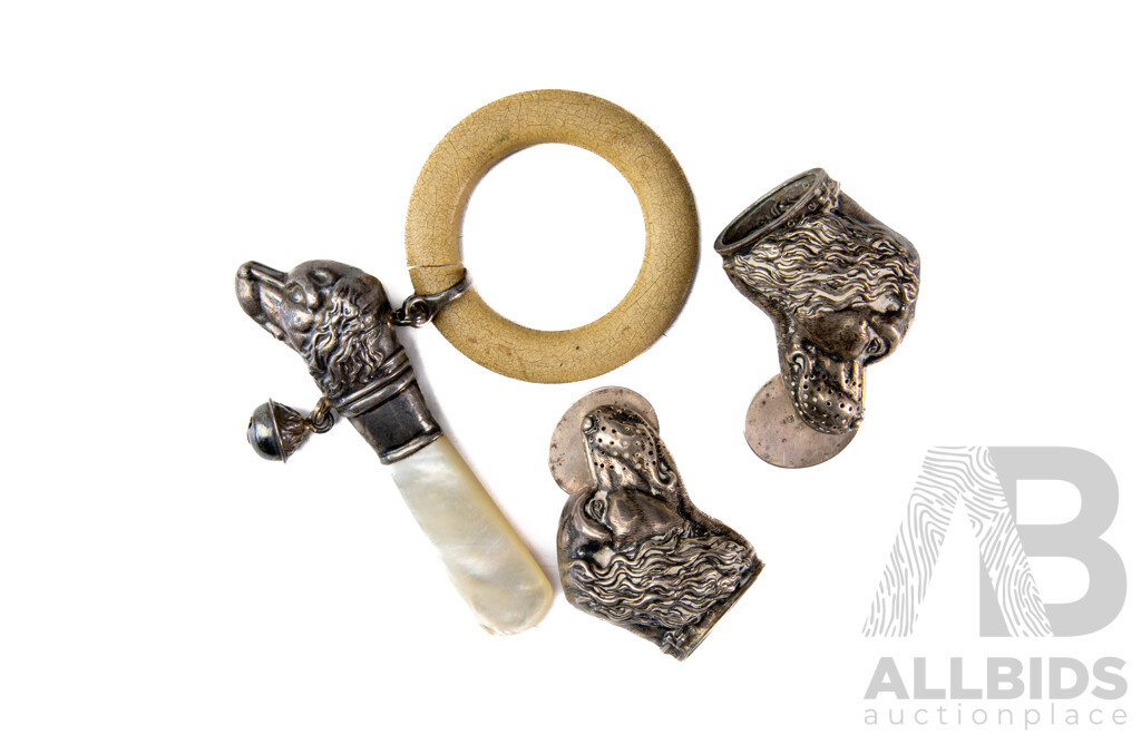 Wonderful Pair Antique Sterling Silver Dog Head Form Salt & Pepper Shakers, Birmingham 1903, Along with Baby's Rattle with Mother of Pearl Handle & Dog Head Form, Birmingham, Hallmarks Worn