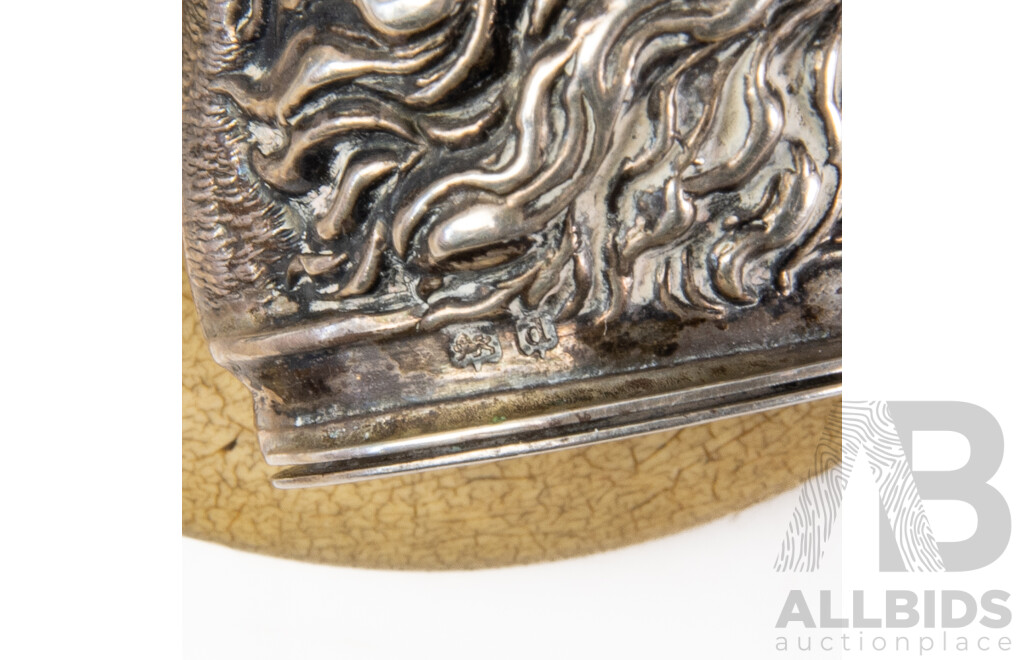 Wonderful Pair Antique Sterling Silver Dog Head Form Salt & Pepper Shakers, Birmingham 1903, Along with Baby's Rattle with Mother of Pearl Handle & Dog Head Form, Birmingham, Hallmarks Worn