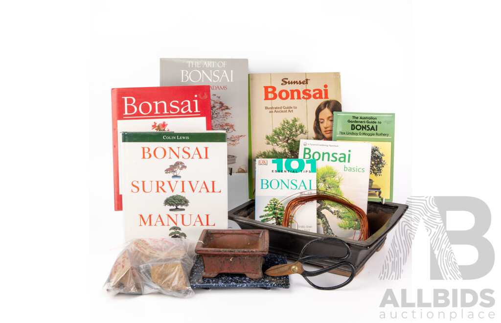 Collection Books Regarding Bonsai Along with Two Pots and Bonsai Equipment