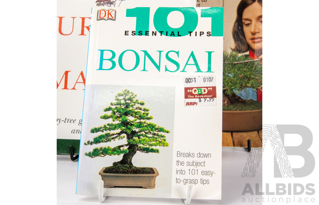 Collection Books Regarding Bonsai Along with Two Pots and Bonsai Equipment