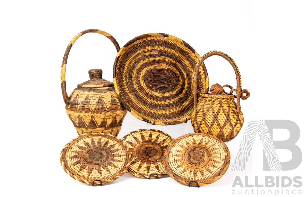 Collection PNG Hand Woven Buka Baskets Including Tray, Two Lidded Examples and More