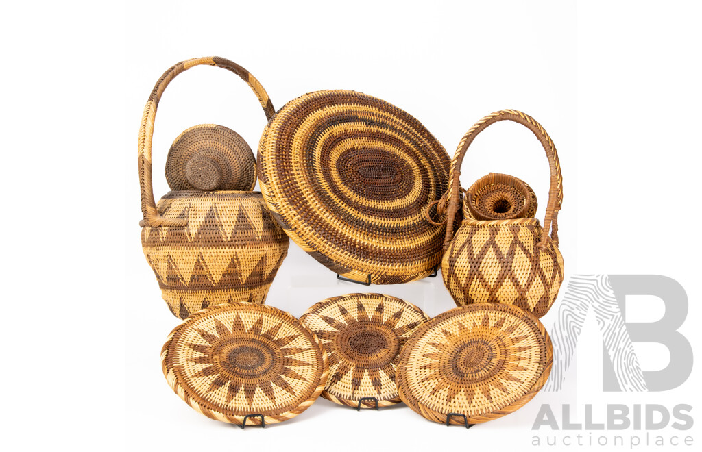 Collection PNG Hand Woven Buka Baskets Including Tray, Two Lidded Examples and More