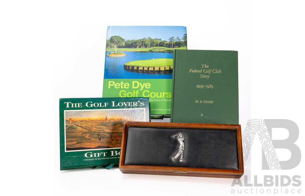 Collection Golf Memorabilia Including the Federal Golf Club Story by D S Clues, Two Trophies and Two Selangor Pewter Engraved Trophies Along with Golf Themed Lidded Box