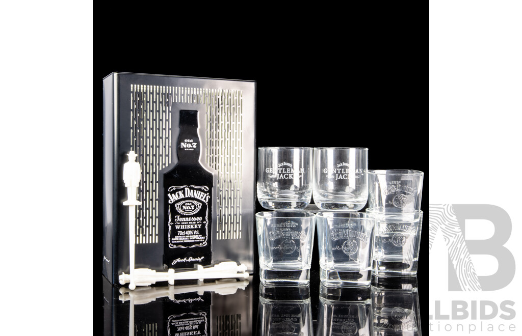 Set Six Jack Daniels Whiskey Tumblers in Tin