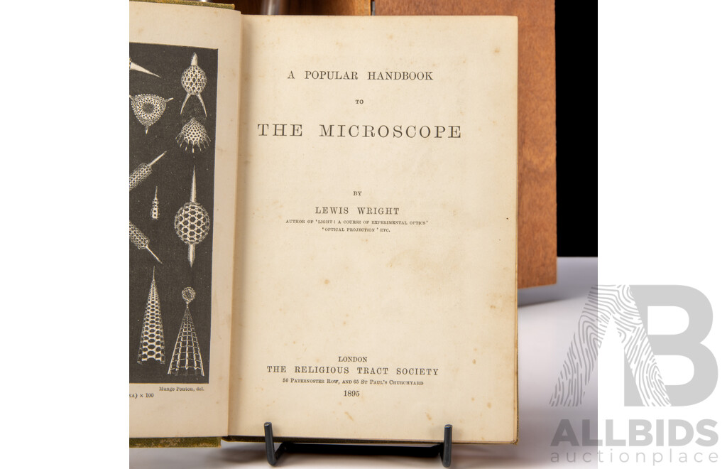 Science World Microscope in Wooden Case Along with a Popular Handbook of the Microscope, L Wright, 1895