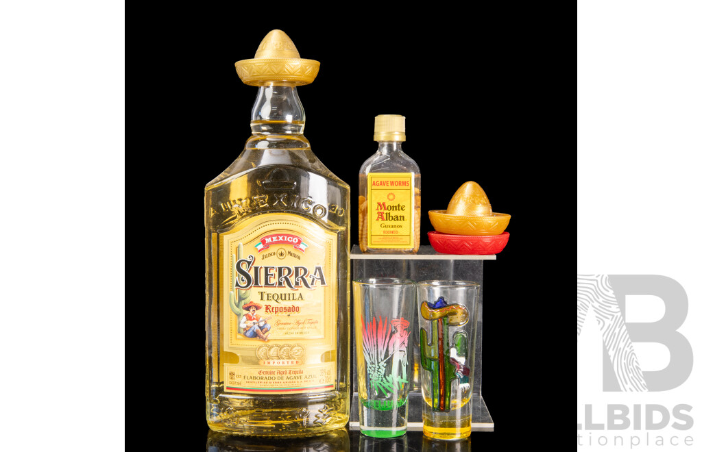 Sierra Tequila Reposado 700ml Along with Small Bottle Monte Alban Agave Worms and More