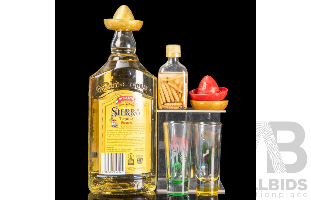 Sierra Tequila Reposado 700ml Along with Small Bottle Monte Alban Agave Worms and More