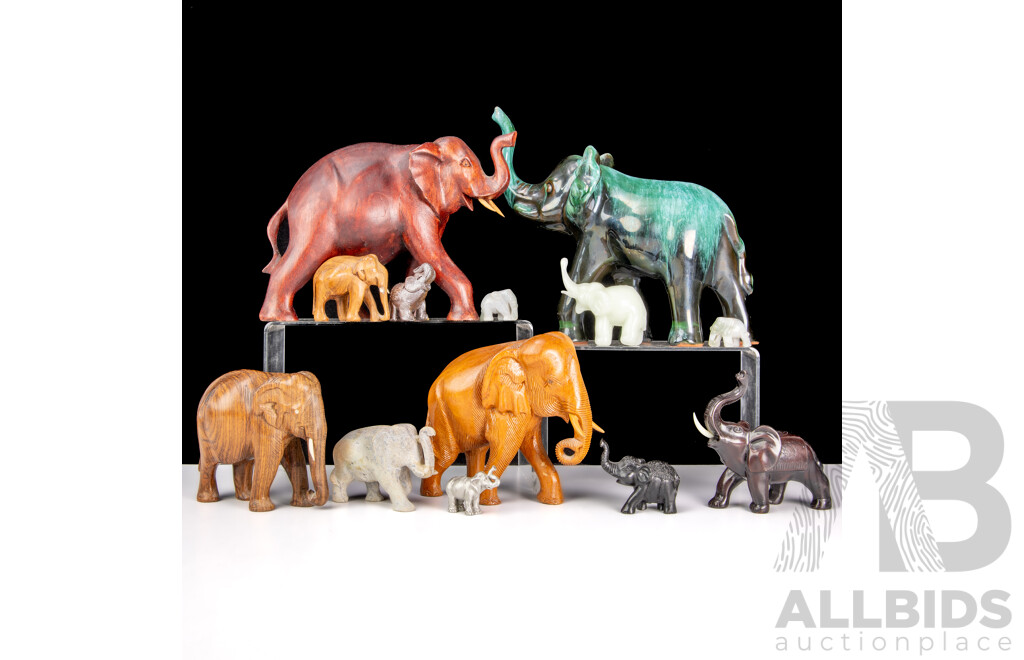 Collection Elephant Figures in Various Mediums Including Stone, Wood, Glass and More