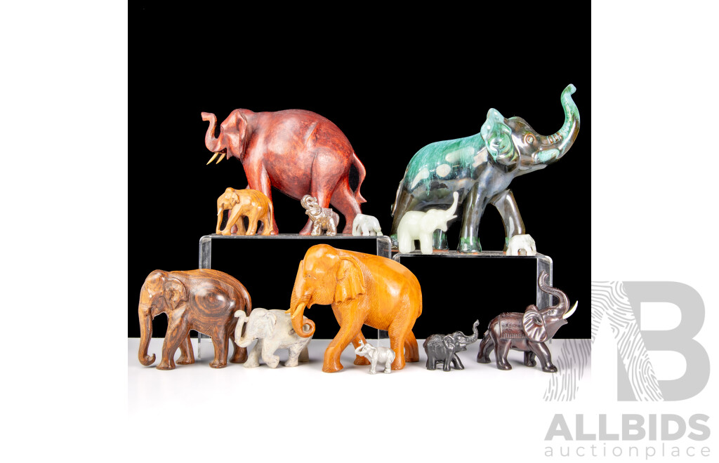 Collection Elephant Figures in Various Mediums Including Stone, Wood, Glass and More