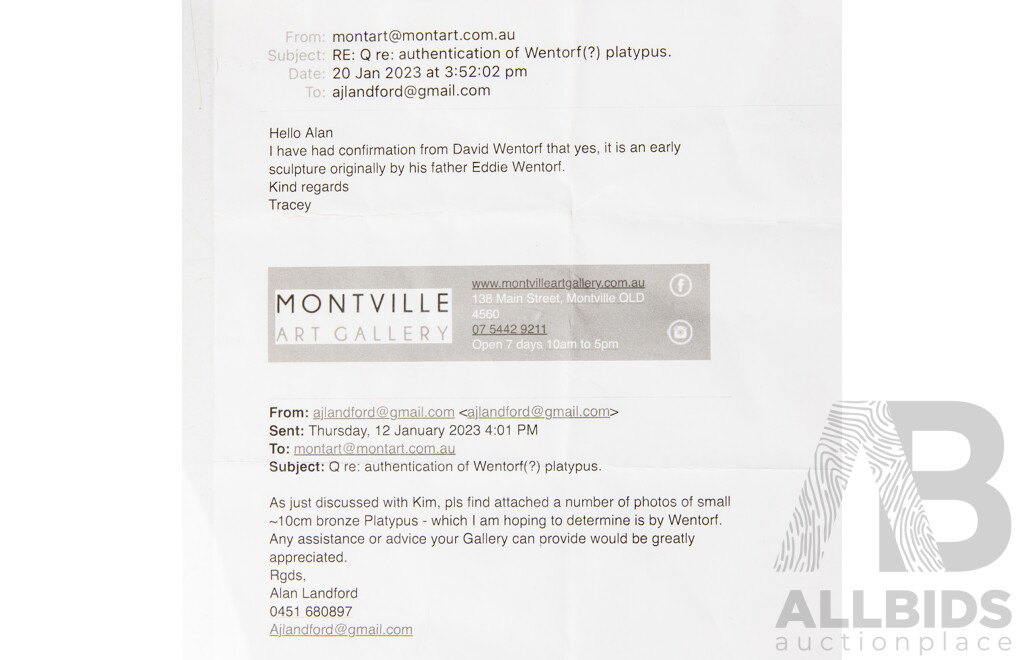 Solid Bronze Platypus Sculpture by David Wentorf