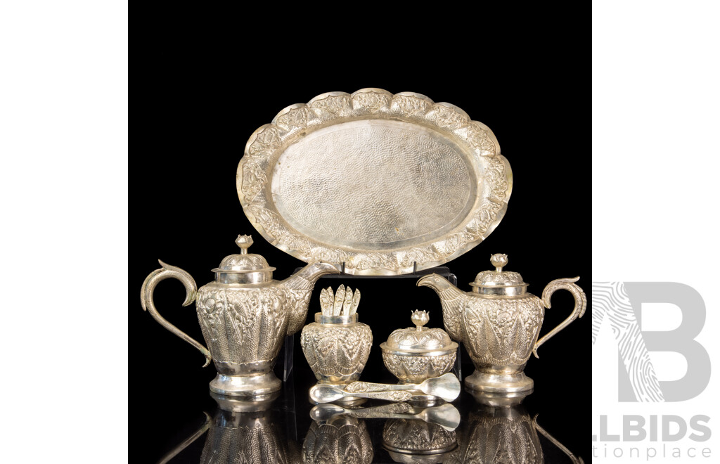 Vintage Five Piece Asian White Metal Tea Set with Heavily Repousse Finish Along with Set Six Matching Spoons
