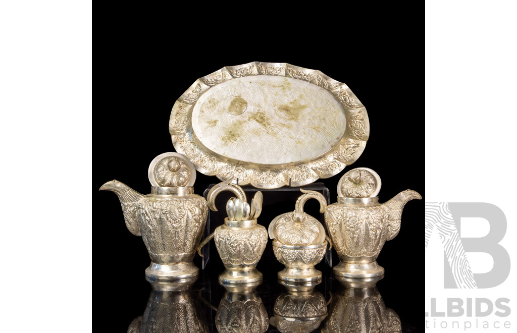 Vintage Five Piece Asian White Metal Tea Set with Heavily Repousse Finish Along with Set Six Matching Spoons