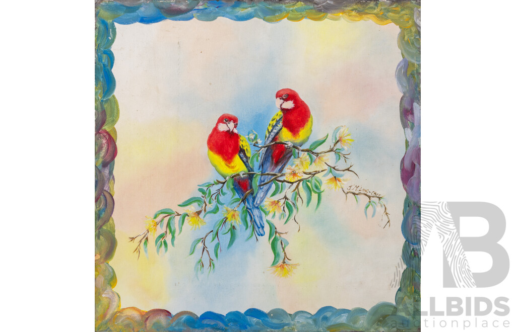 Judy Lang-Carr, (20th Century, Australian), Pair of Eastern Rosellas, Original Oil on Canvas, 45 x 45 cm
